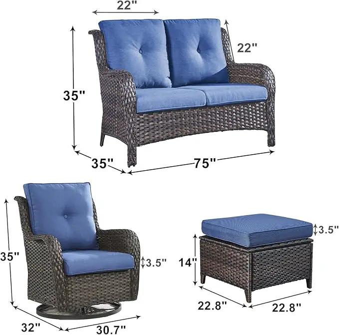 Outdoor Wicker Patio Furniture Set - 5 Piece Rattan Patio Conversation Set with 2 Rocking Swivel Chairs,2 Ottomans and 1 Loveseat for Porch Deck Backyard Garden(Brown/Blue) by GreenHaven Gardens