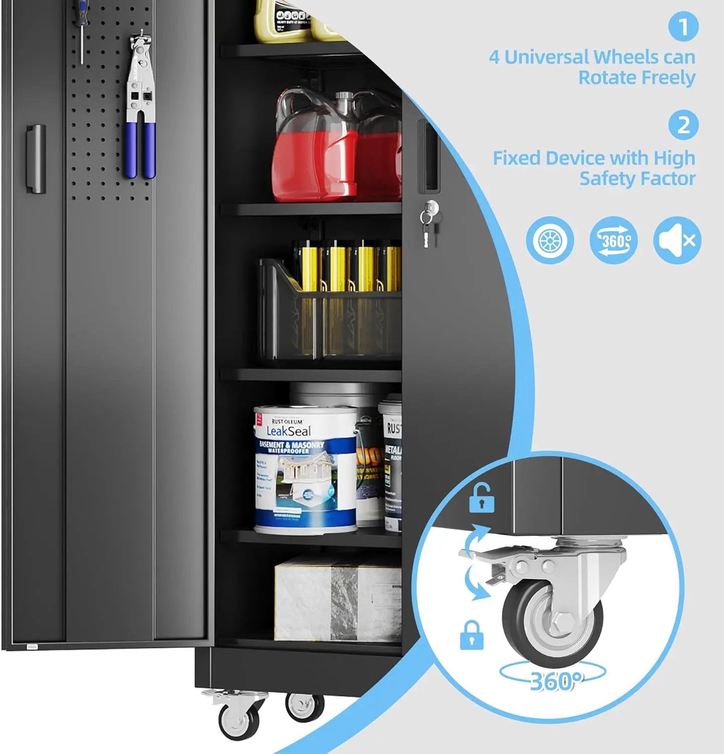 Metal Garage Storage Cabinet with Wheels & Pegboard, Lockable Metal Storage Cabinets with 2 Doors&5 Adjustable Shelves for Garage&Home,Assembly Required,Black 71''H x32''W x16''D by GreenHaven Gardens
