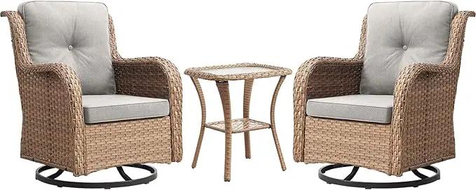 Outdoor Patio Swivel Rocker Chairs - 3 Piece Patio Bistro Set,Wicker Patio Furniture Set with 2 Swivel Rocking Chairs and 1 Glass Top Side Table for Deck Porch Garden,Yellow/Beige by GreenHaven Gardens