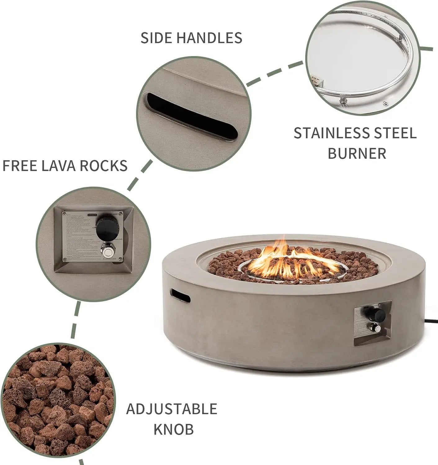 COSIEST 42 inch Outdoor Propane Fire Pit Coffee Table w Concrete Round Base Patio Heater, 50,000 BTU Stainless Steel Burner, Free Lava Rocks, Rain Cover(Gray) by GreenHaven Gardens