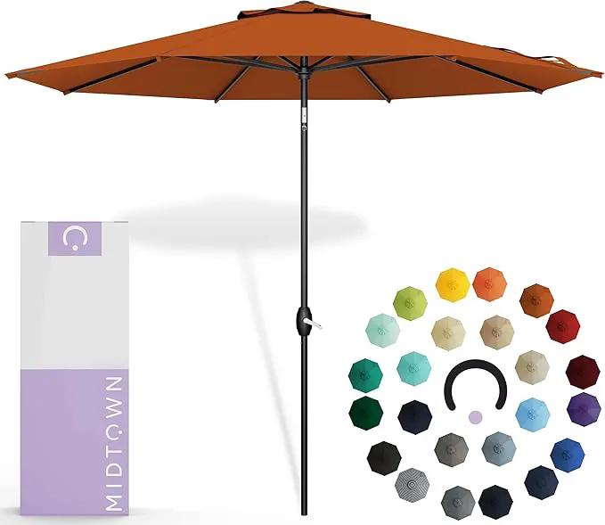 Midtown Umbrellas Sunbrella Umbrella 9 Feet Outdoor Umbrella With Terracotta Acrylic Fabric - Auto-Tilt Aluminum Frame Patio Umbrella For Backyard, Deck, Garden, Pool - Black Pole by GreenHaven Gardens