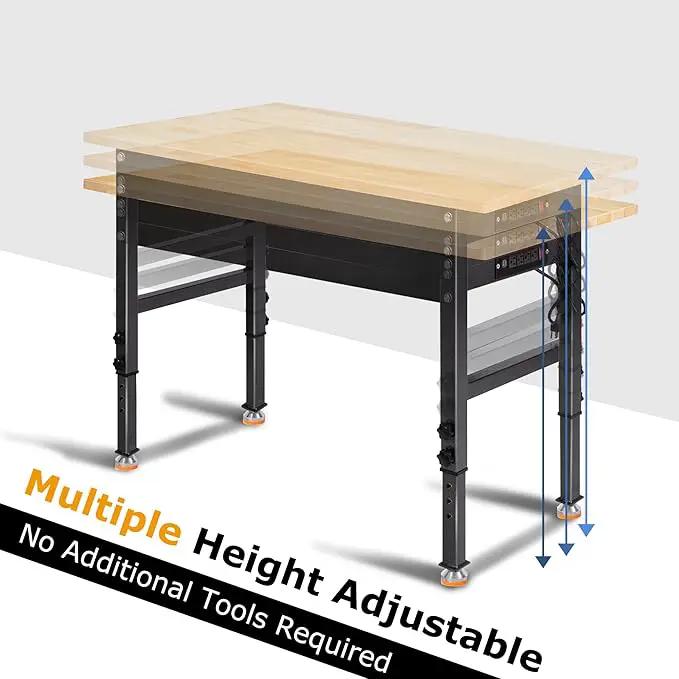 48" Adjustable Work Bench, Rubber Wood Top Workbench Heavy-Duty Work Table with Power Outlet, 2000 LBS Load Capacity Hardwood Work Benches for Garage, Workshop, Home, Office, Easy Assembly by GreenHaven Gardens