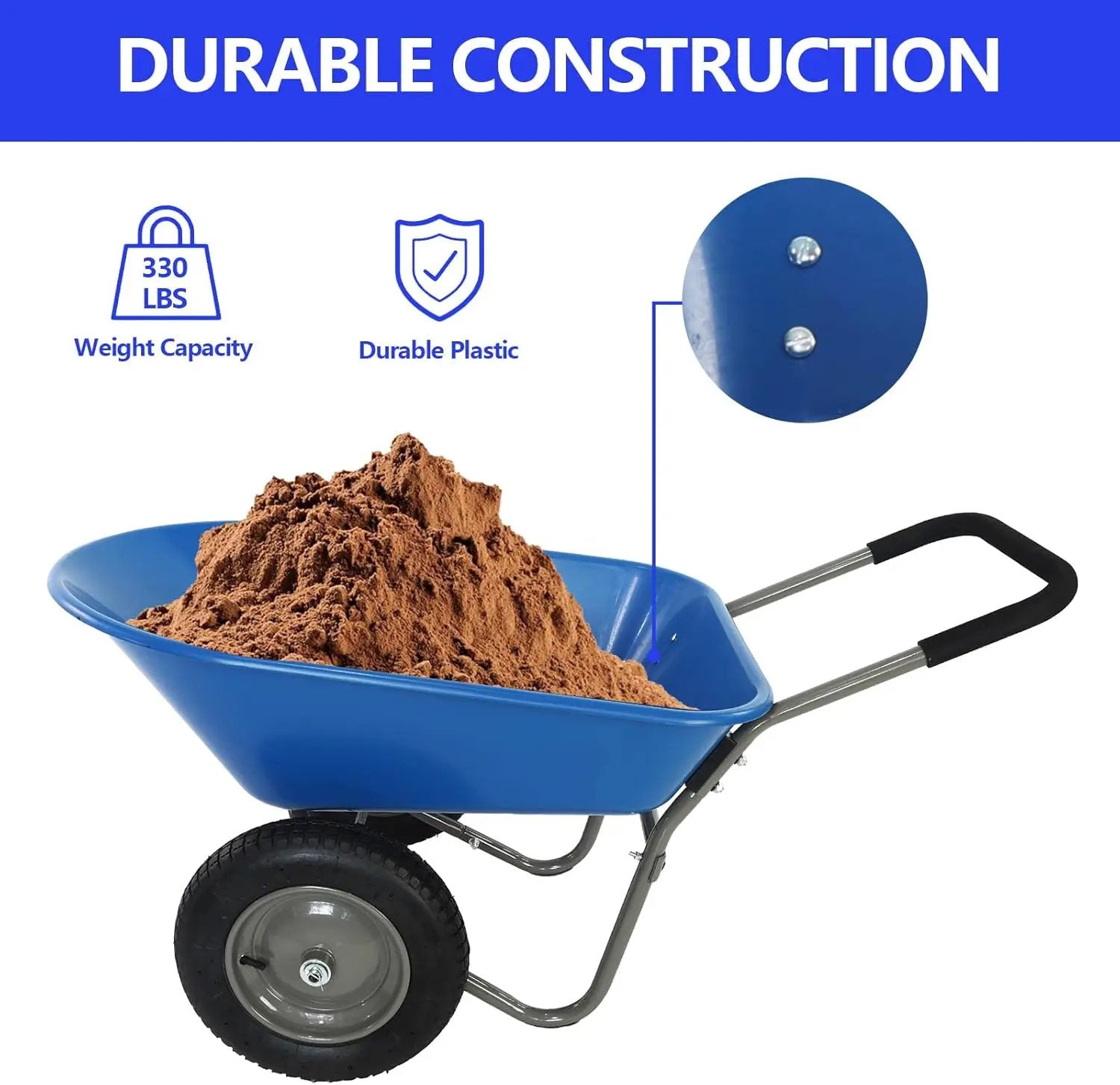 Dual Wheel Wheelbarrow, Heavy Duty Garden Cart, 300 lbs Capacity Utility Cart with Two 15 inches Pneumatic Tires for Outdoor Lawn Yard Farm Ranch (Blue) by GreenHaven Gardens
