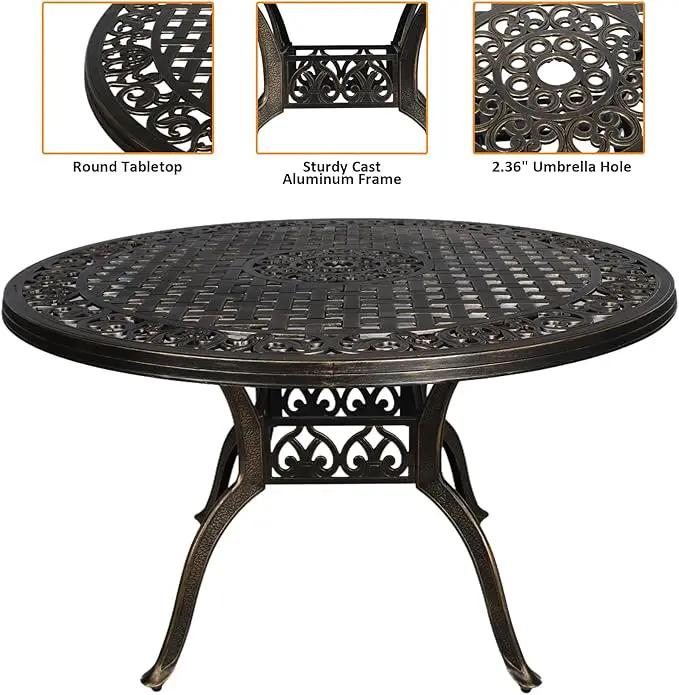 48" Round Patio Table for 6 Person Cast Aluminum Bistro Table with Umbrella Hole,Metal Patio Table Outdoor Bistro Dining Table for Garden,Bronze by GreenHaven Gardens