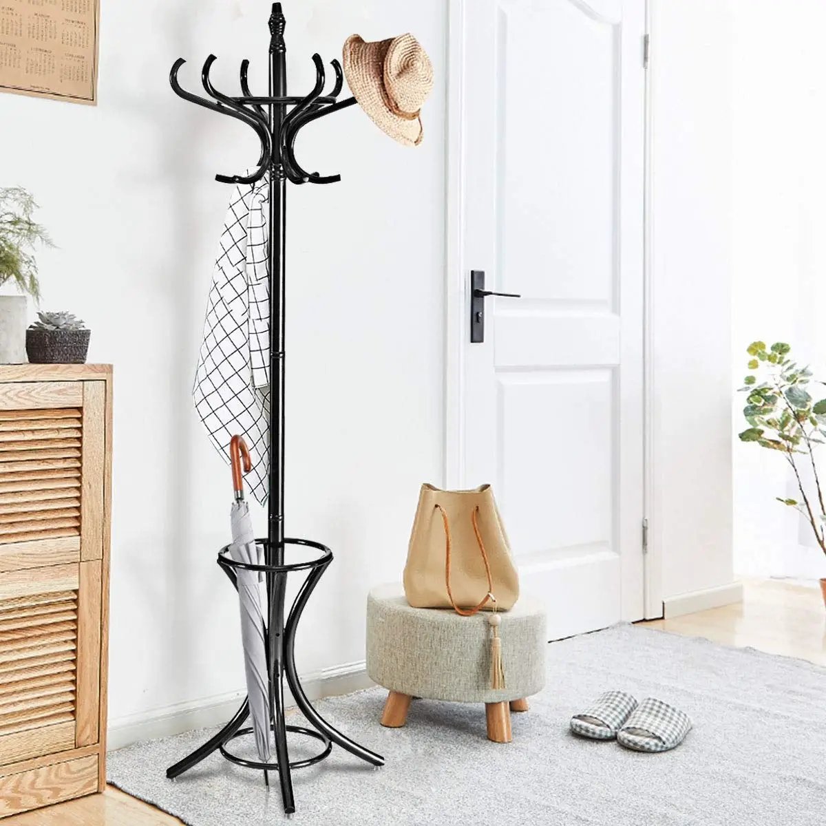 Wood Standing Hat Coat Rack with Umbrella Stand, photo 8 of 11