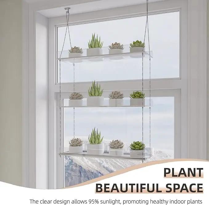 Hanging Clear Window Plant Shelves, Height Adjustable Acrylic Window Plant Hanger, 3-Tier Sturdy Window Sill Plant Shelf for Indoor Window Grow Herbs, Succulents, Flower by GreenHaven Gardens