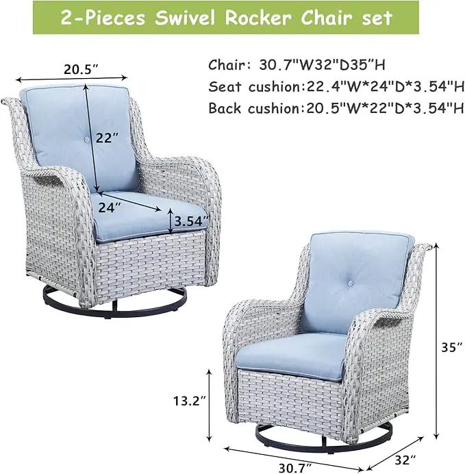 Outdoor Patio Swivel Rocker Chairs - Wicker Rattan Patio Swivel Rocking Chairs Set of 2 with High Back,Deep Seating and Comfort Cushions for Deck Porch Garden,Light Grey/SkyBlue by GreenHaven Gardens