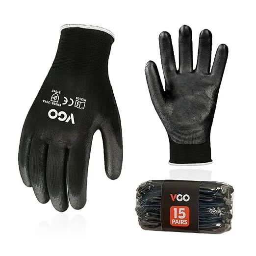 Vgo... 15-Pairs Safety Work Gloves, Gardening Gloves, Polyurethane Coated, Dipping Gloves, Latex Free (Size L, Black, PU2103) by GreenHaven Gardens