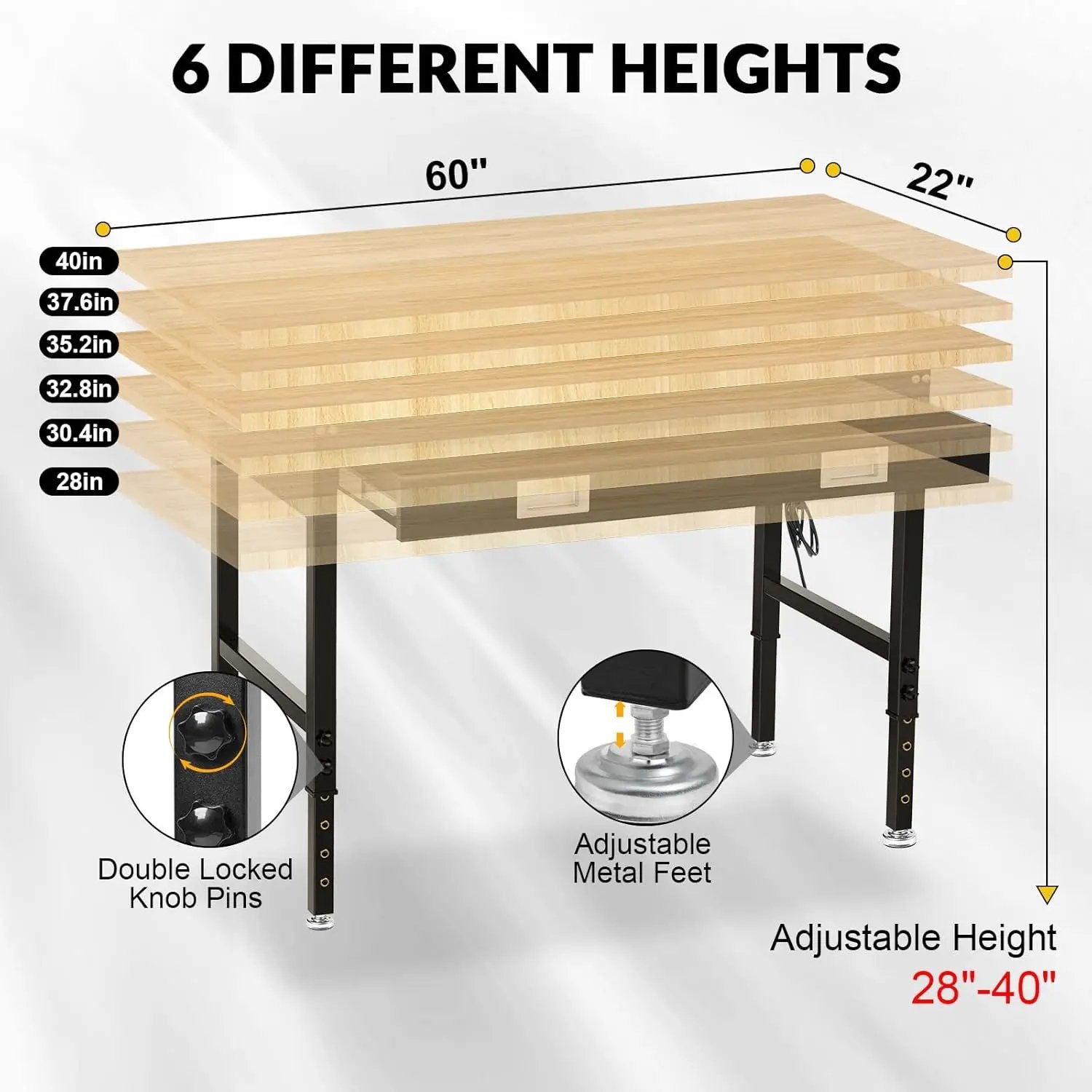 60" Workbench for Garage with Drawers Rubberwood Tabletop Work Table with Pegboard, Power Outlets Adjustable Height Work Bench for Office, Woodworking Shop, Home by GreenHaven Gardens