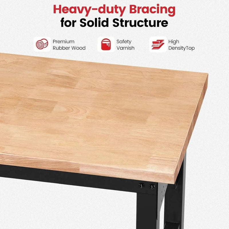 Work Bench with Double Layers 60 x 22 Inch Heavy Duty Rubberwood Tabletop Work Table Adjustable Height Workbench with Wheels, Sided Pegboard, Power Outlets for Garage Home Office by GreenHaven Gardens