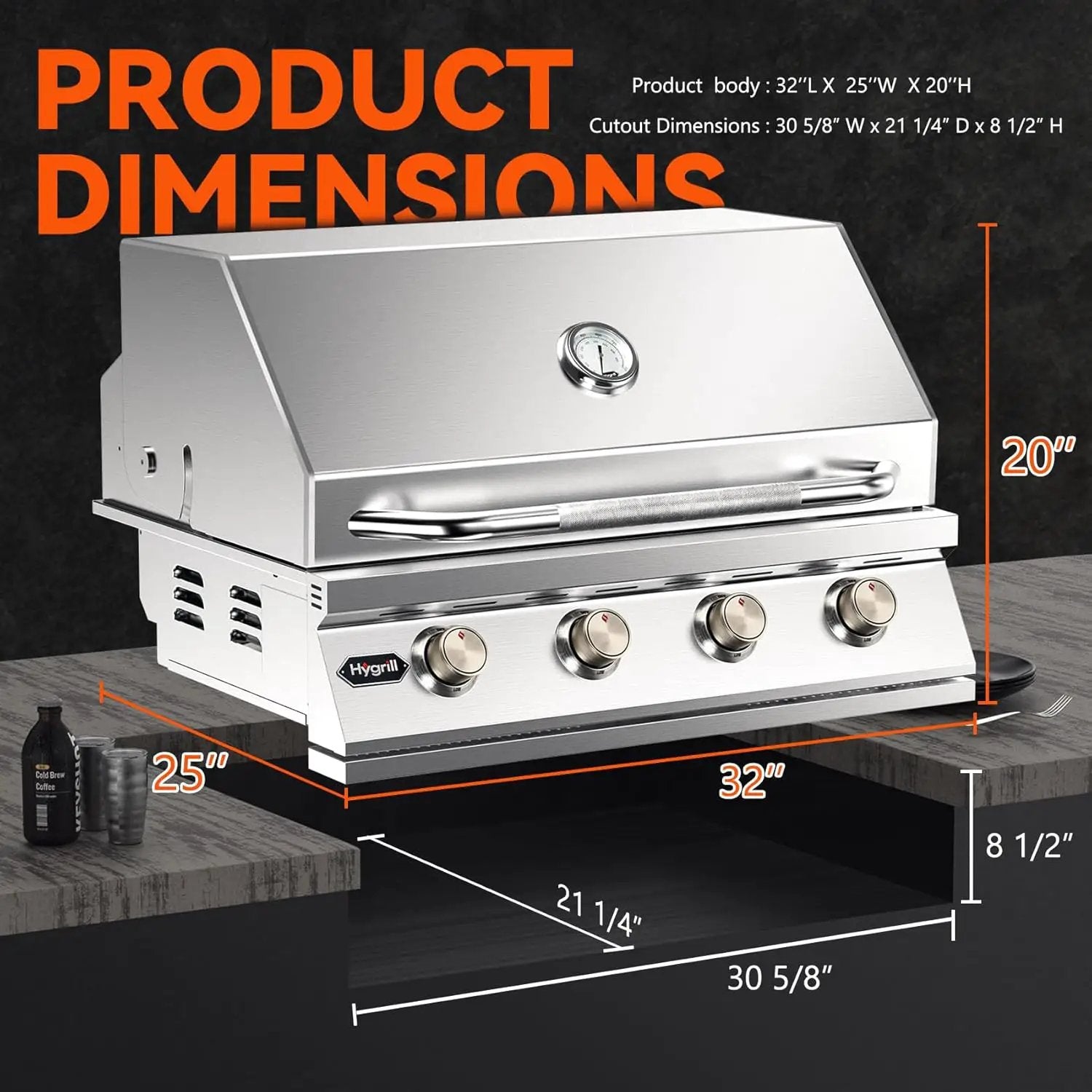 Hygrill 32-Inch Built In Grill, Stainless Steel 4-Burner Grill Head for Outdoor Kitchen, Liquid Propane by GreenHaven Gardens
