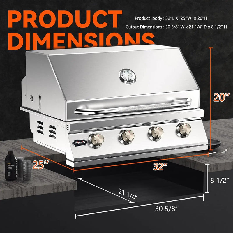 Hygrill 32-Inch Built In Grill, Stainless Steel 4-Burner Grill Head for Outdoor Kitchen, Natural Gas by GreenHaven Gardens