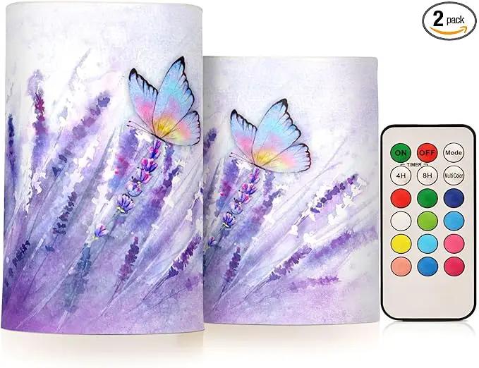 Flickering Flameless Candles, Lavender Butterfly Purple LED Candles with Remote Timer, Set of 2 Battery Operated Candle for Valentine Wedding Birthday by GreenHaven Gardens