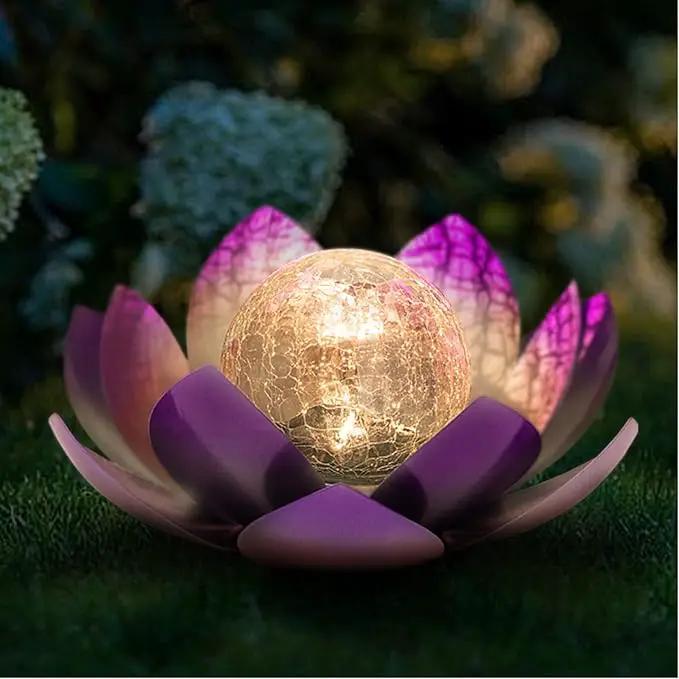 Huaxu Solar Lights Outdoor Decor Purple Lotus Waterproof LED Crackle Globe Glass Metal Flower Decorations for Garden Patio Yard Porch Pathway Ground Tabletop by GreenHaven Gardens