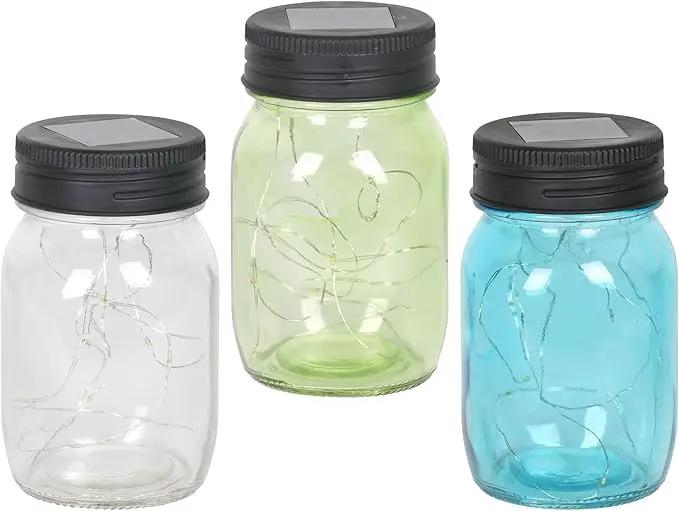 Exhart Solar Mason Jars, Set of 3 Glass Outdoor Garden Lanterns with Lids, 12 LED Firefly Lights, Lawn and Yard Decorations, 3.5 x 5.5 Inch by GreenHaven Gardens