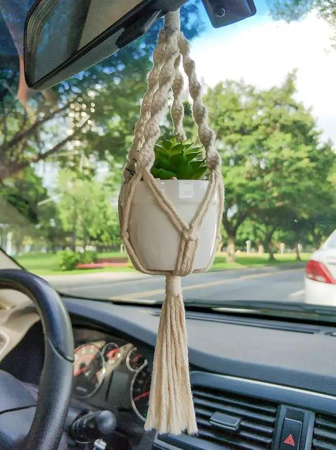 Mkono Mini Macrame Plant Car Accessories Rear View Mirrior Charm Cute Hanging Rearview Car Decor Boho Hanger with Artificial Succulent Plants Gifts for Plant Lover Set of 2, White by GreenHaven Gardens