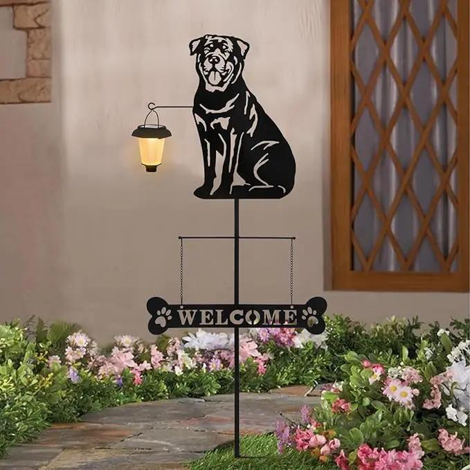 BAYN Solar Rottweiler Silhouette Dog Breed Welcome Sign with a Lantern Outdoor Decorative Garden Stakes for Yard, Lawn, Patio, Pathway by GreenHaven Gardens