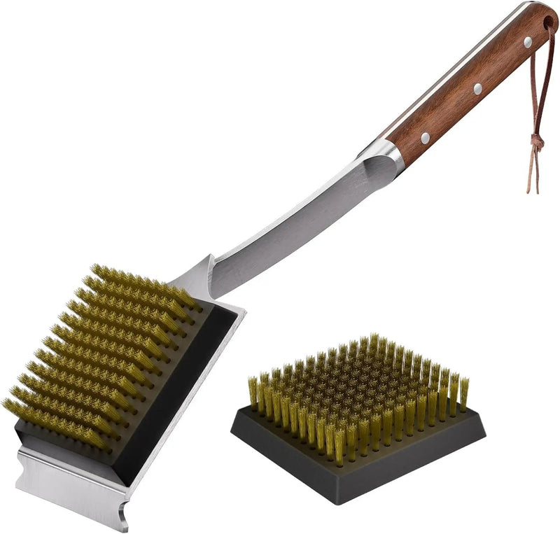 ENLOY Grill Brush and Scraper for Barbecue, 17" Grill Brush for Outdoor Grill, Extended Rosewood Handle and 2 Replaceable Copper Wire Brush Heads, Grill Cleaning Brush Grill Accessories for Most Grill by GreenHaven Gardens