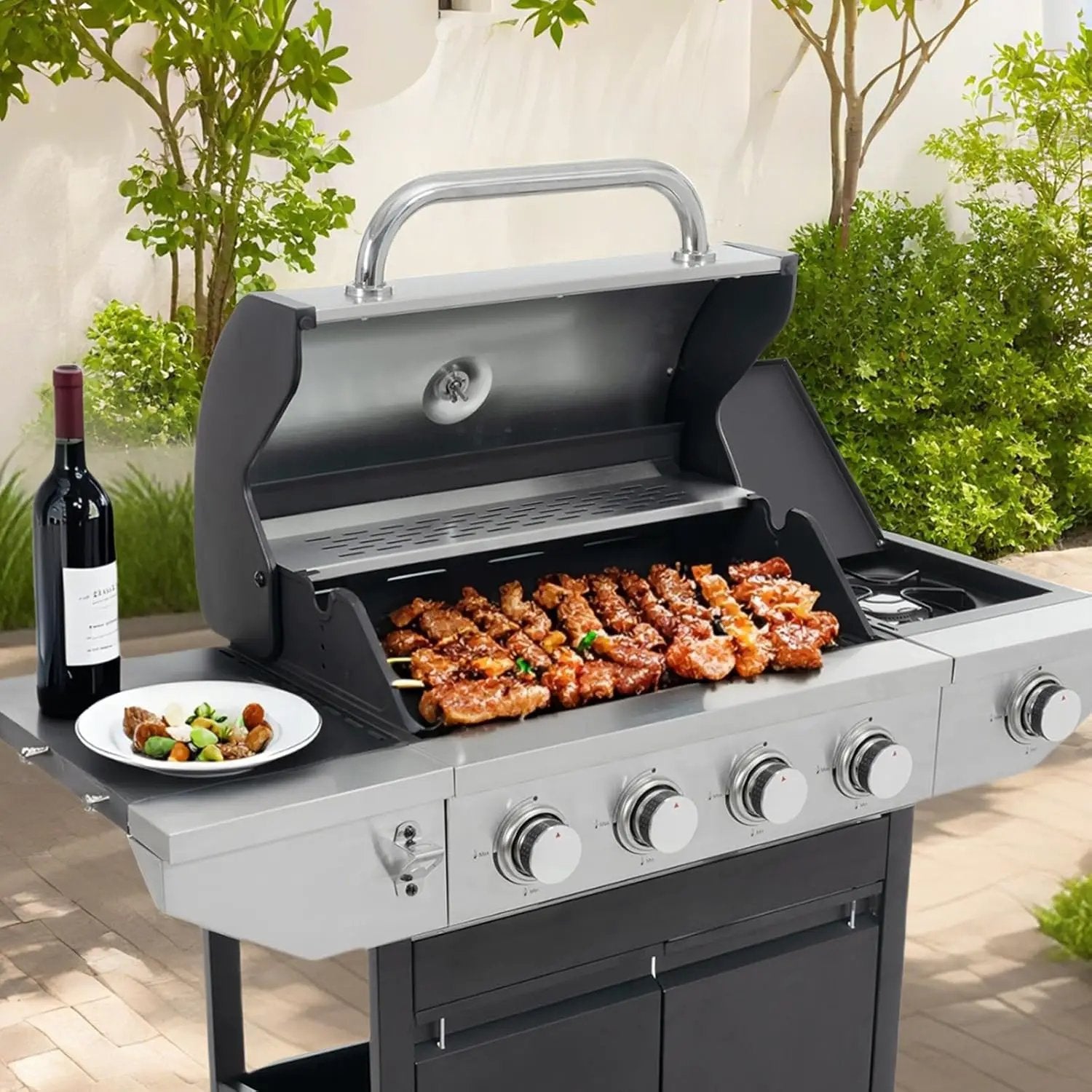 Endark 4-burner propane gas grill | Stainless steel construction | Dual side racks and wheels | Designed for patio, garden, and backyard cooking by GreenHaven Gardens