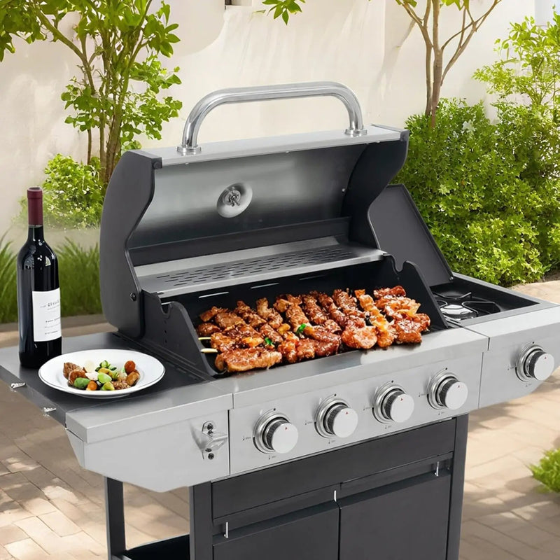 Endark 4-burner propane gas grill | Stainless steel construction | Dual side racks and wheels | Designed for patio, garden, and backyard cooking by GreenHaven Gardens