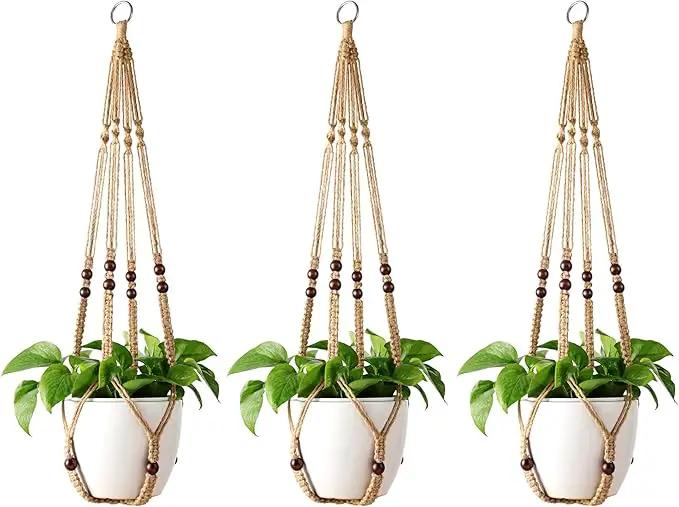 Mkono Macrame Plant Hanger Indoor Hanging Planter Basket with Wood Beads Decorative Flower Pot Holder No Tassels for Indoor Outdoor Boho Home Decor 35 Inch, Brown, Set of 3 (POTS NOT Included) by GreenHaven Gardens