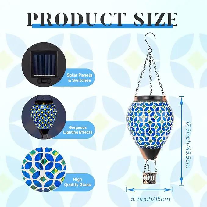 Mosaic Hot Air Balloon Solar Lantern with Flickering Flame, Blue Mosaic Hanging Solar Lantern Lights Outdoor Waterproof for Garden Patio Gifts for Women Mom Grandma by GreenHaven Gardens