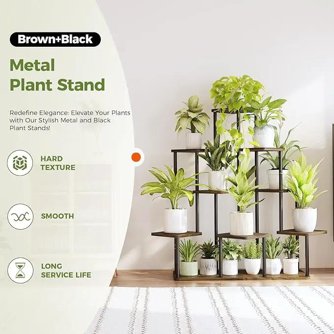 Bamworld Large Plant Stand Indoor, 9 Tier Tall Metal Plant Shelf for Multiple Plants, Tiered Flower Stand for Patio Garden Balcony Living Room Bedroom(Brown) by GreenHaven Gardens