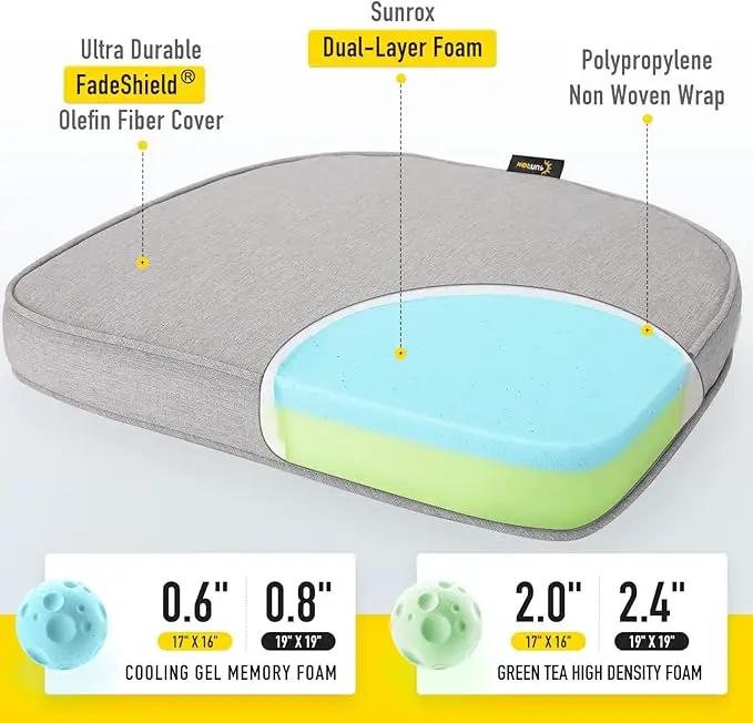 SUNROX Gel Memory Foam Chair Cushions, FadeShield Water-, Stain-Resistant Durable Reversible Seat Cushion Pads with Ties for Indoor/Outdoor Kitchen Dining Office, 19"x19", Set of 2, Heather Grey by GreenHaven Gardens
