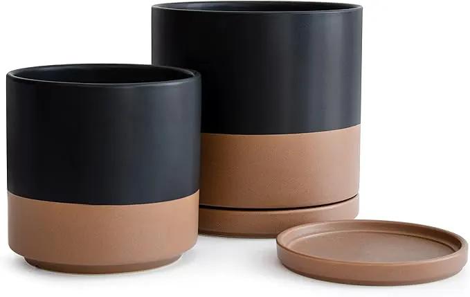 D'vine Dev 8 Inch & 10 Inch Ceramic Planter Pot for Plants with Drainage Hole and Saucer, Large Plant Pots Set, Black/Speckled Tan, 94-G-L-7 by GreenHaven Gardens