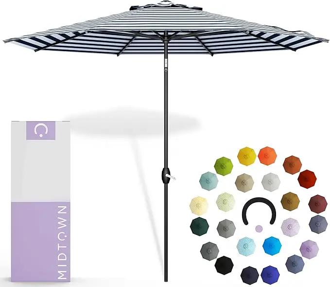 Midtown Umbrellas 10-Year-No-Fade - 8 Ft - UV Proof Navy/White Stripes Fabric - Umbrella Outdoor Patio, Auto-Tilt Aluminum Frame Patio Umbrella for Garden, Pool & Deck - Black Pole by GreenHaven Gardens