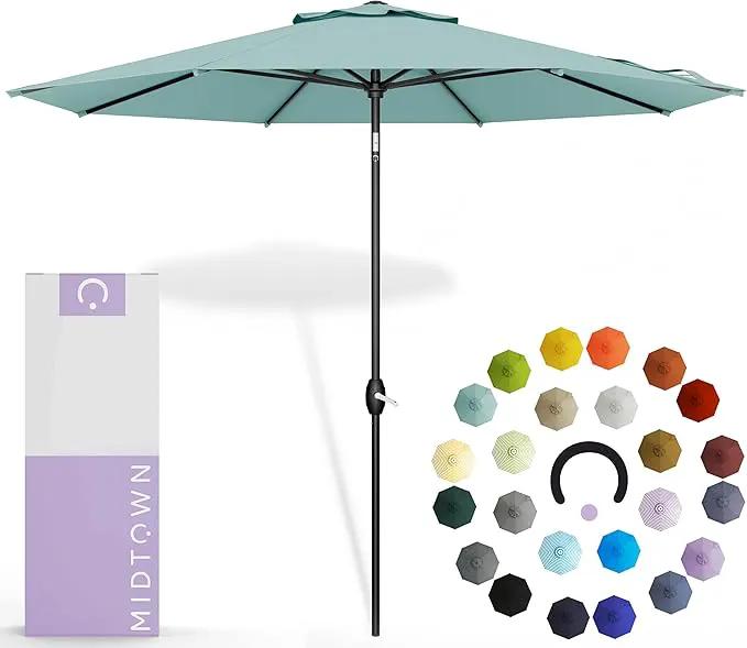 Midtown Umbrellas 10-Year-No-Fade - 9 Ft - UV Proof Seawater Aqua Polyester Fabric - Umbrella Outdoor Patio, Auto-Tilt Aluminum Frame Patio Umbrella for Garden, Pool & Deck - Black Pole by GreenHaven Gardens