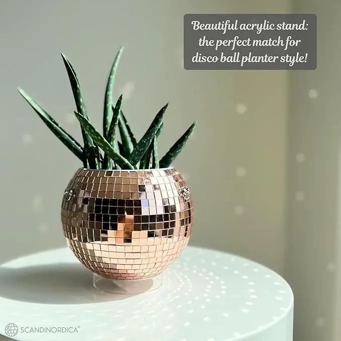 SCANDINORDICA Disco Ball Planter – Value Package: Mirror Disco Planter with Chain, Macrame Hanger and Acrylic Stand for Desk, Includes Self Watering Insert, Quirky Gifts | 6 inch Rose Gold by GreenHaven Gardens