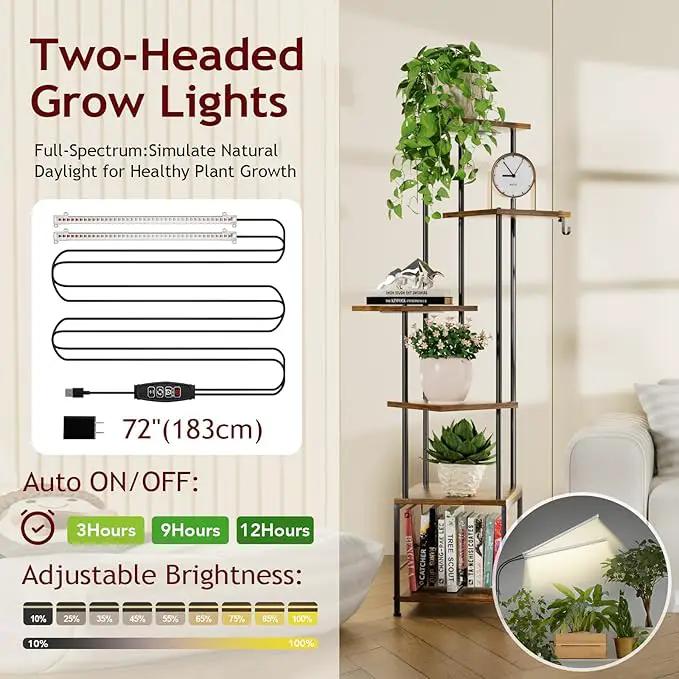 Plant Stand Indoor with Grow Light, 6-Tiered Tall Plant Stand Indoor, Metal Plant Shelf with Hanging Basket Hook and Adjustable Light, Ideal for Living Room, Garden, Patio, （Brown and Black） by GreenHaven Gardens