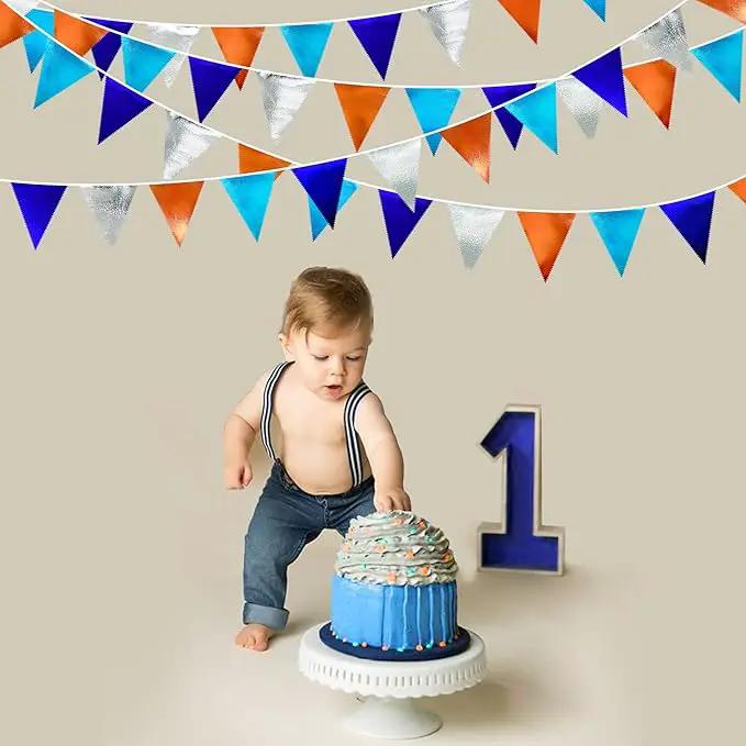 Orange Blue Silver Party Decorations Metallic Fabric Triangle Pennant Banner Flag Bunting Garland for Space Theme Birthday Wedding Bridal Shower Baby Shower Engagement Graduation Party Supplies by GreenHaven Gardens