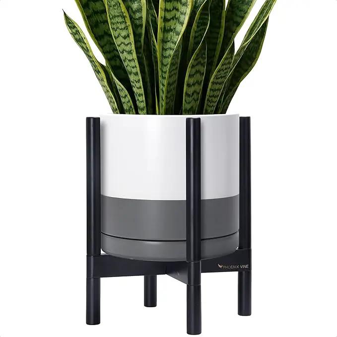 D'vine Dev Ceramic Planter with Ebony Stand - 12 Inch Modern Round Flower Pot with Wood Planter Holder, White/Grey, 55-B-H-6 by GreenHaven Gardens