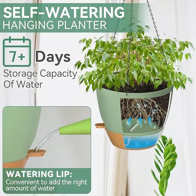 ZMTECH 12 Inch Hanging Planters for Indoor Outdoor Plants, 1 Pack Self Watering Hanging Plant Pots with Drainage Holes and Removable Saucer, Plastic Flower Hanging Pots with Watering Lip (Green) by GreenHaven Gardens
