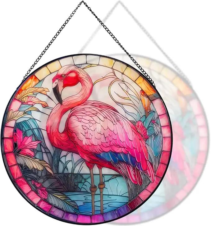 RIVEENY Flamingos Sun Catcher Stained Glass,8" Flamingos Gifts for Women,Stained Glass Window Hanging,Red Birds Sun Catchers for Windows, Hand Painted Glass for Birds Lover by GreenHaven Gardens