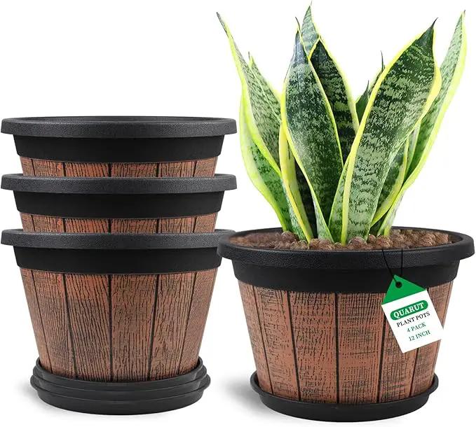 Quarut Large 4 Pack 14 inch Plant Pots,Whiskey Barrel Planters with Drainage Holes & Saucer,Plastic Decoration Flower Pots Retro Design,Planters for Outdoor Indoor Garden Balcony Plants (Brown) by GreenHaven Gardens