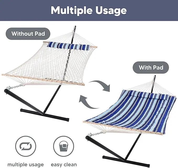 SUNCREAT Double Hammock with Stand, Two Person Cotton Rope Hammock, Blue Stripe by GreenHaven Gardens