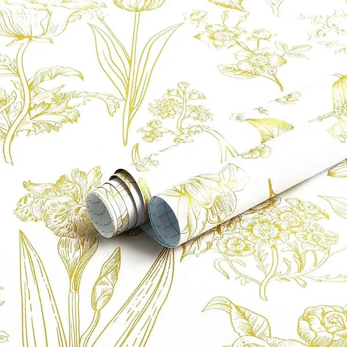 Dimoon 393"x17.3" Floral Wallpaper Peel and Stick Flowers Golden White Contact Paper Thicken Waterproof Modern Self Adhesive Plants Wallpaper Removable Wall Paper Shelf Vinyl Roll by GreenHaven Gardens