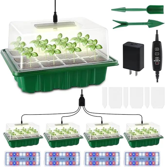 4 Packs Medium Seed Starter Tray, Adjustable Brightness and Timer, Upgraded 24 Full Spectrum LEDs, Seed Starter Kit with Drainage Holes, Tools and Labels for Indoor Plant Growing by GreenHaven Gardens
