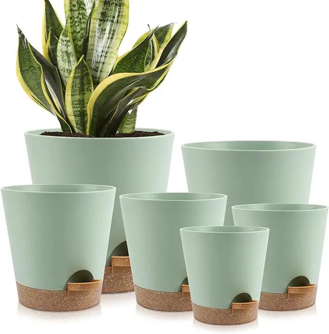 Indoor Self Watering Planters with Drainage Holes and Saucers, 8, 7, 6.5, 6, 5.5, 5 Inches, Green, 6 Pots by GreenHaven Gardens