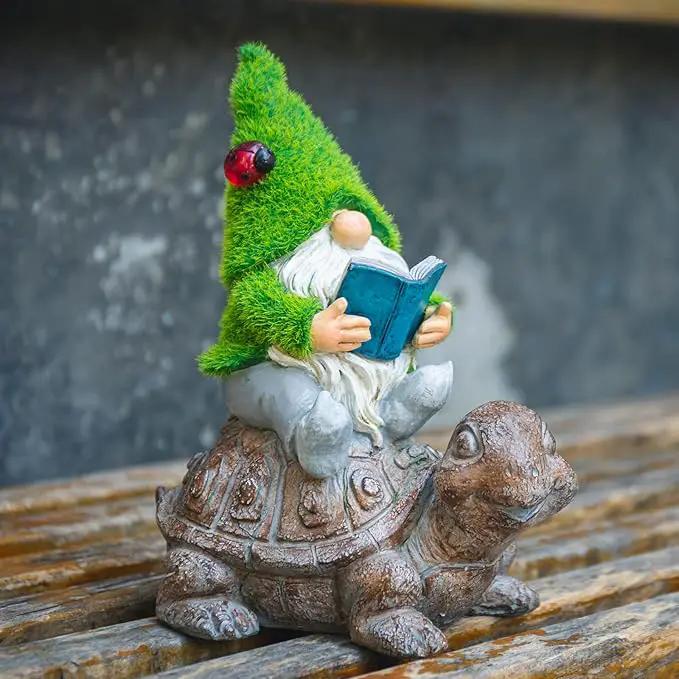 Garden Gnome Sitting on Turtle Outdoor Statues and Sculpture with Solar Lights, Garden Gnome Solar Statues and Turtle Figurines for Patio Yard Lawn Porch Decorations by GreenHaven Gardens