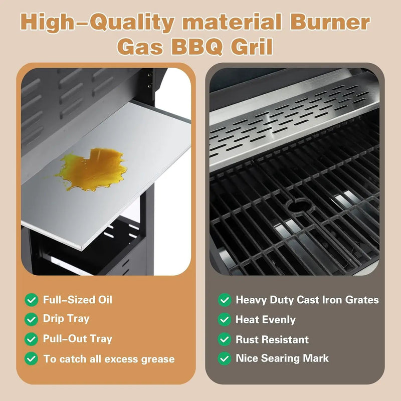 Endark 3-burner propane gas grill | 37,000 BTU stainless steel with side-fire function | with enameled cast iron grate, thermometer and side stand wheels | great for patio and garden outdoor cooking by GreenHaven Gardens
