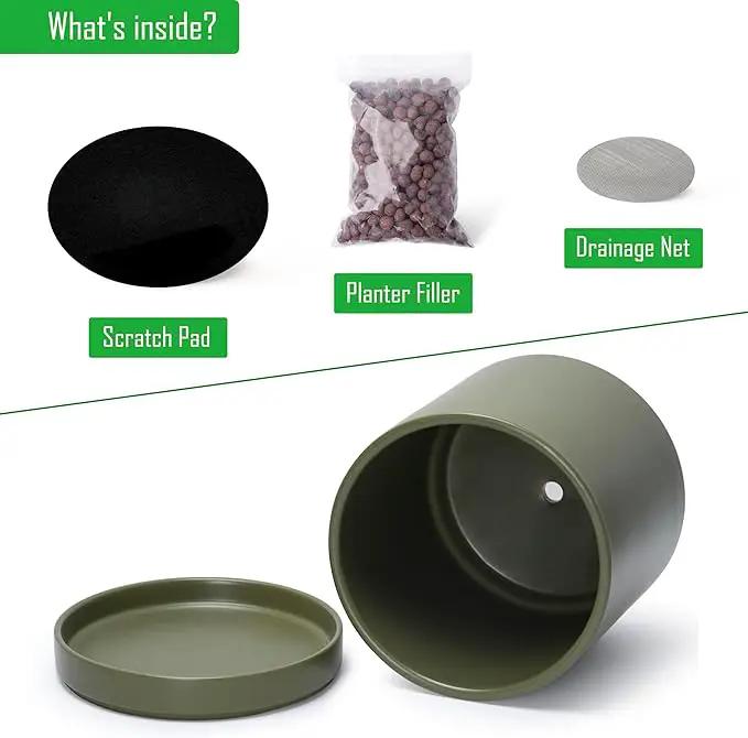 D'vine Dev 10 Inch Ceramic Planter Pot with Drainage Hole and Saucer, Indoor Cylinder Round Planter Pot, Olive, 94-O-E-J by GreenHaven Gardens