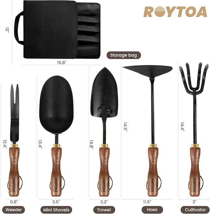 Garden Tool Set,5Pcs Gardening Tools,Stainless Steel Heavy Duty Hand Cultivator, Hoes，Shovel, Trowel and Weeder with Ergonomics Walnut Handle，Gardening Gifts for Women by GreenHaven Gardens