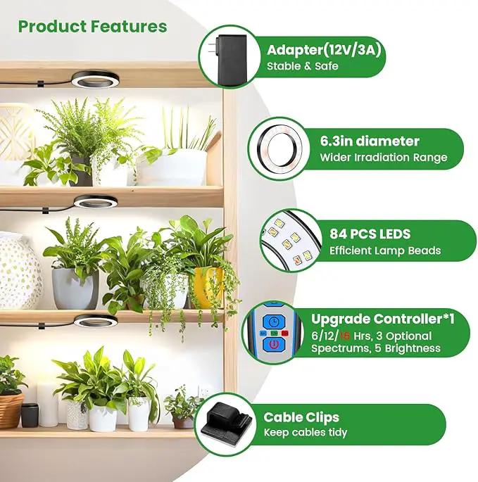 Wiaxulay 6.3” Ceiling Plant Grow Light, 252 LED Full Spectrum Halo Grow Lights for Indoor Plants, 12V/3A Under Cabinet Grow Lamp with 6/12/16 Hrs, 3 Lighting Mode, 5 Dimmable Levels, Tri Head by GreenHaven Gardens