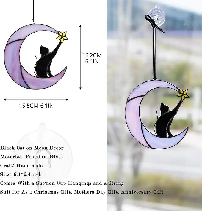 HDCRYSTALGIFTS 6.5'' Black Cat Decor on Purple Moon Stained Glass Window Hanging Suncatcher,Wall Art Glass Window Panel Sun Catcher,Halloween Ornament Decoration Memorial Gift for Lover Cat Loss by GreenHaven Gardens