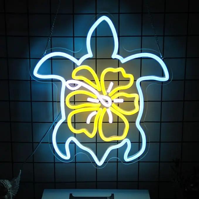 Sea Turtle Hibiscus Neon Signs for Wall Decor Blue Turtle Neon Light Yellow Flower LED Neon Wall Sign Ocean Neon Light Up Sign for Bedroom Living Room Office Decor Sea Turtle Gifts by GreenHaven Gardens