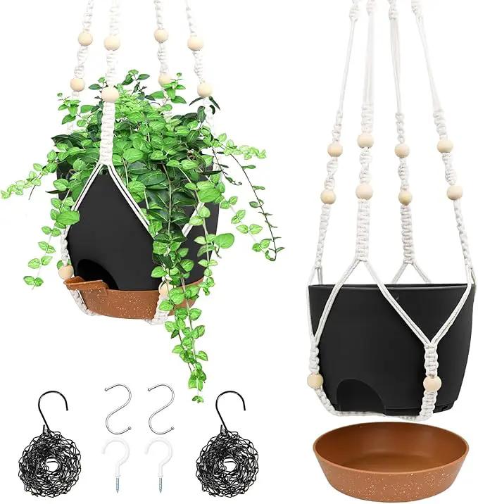 Hanging Planters for Indoor Outdoor Plants, 2 Pack Self Watering Hanging Pot with Drainage Holes, Removable Tray & 2 Kinds of Plant Hangers, 8'' Hanging Flower Pots for Home Garden Decor, Black by GreenHaven Gardens